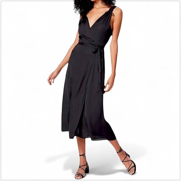 Paige Black Cerisa Matte Satin Dot Pattern Print Sleeveless Silky Wrap Dress S - Picture 1 of 8